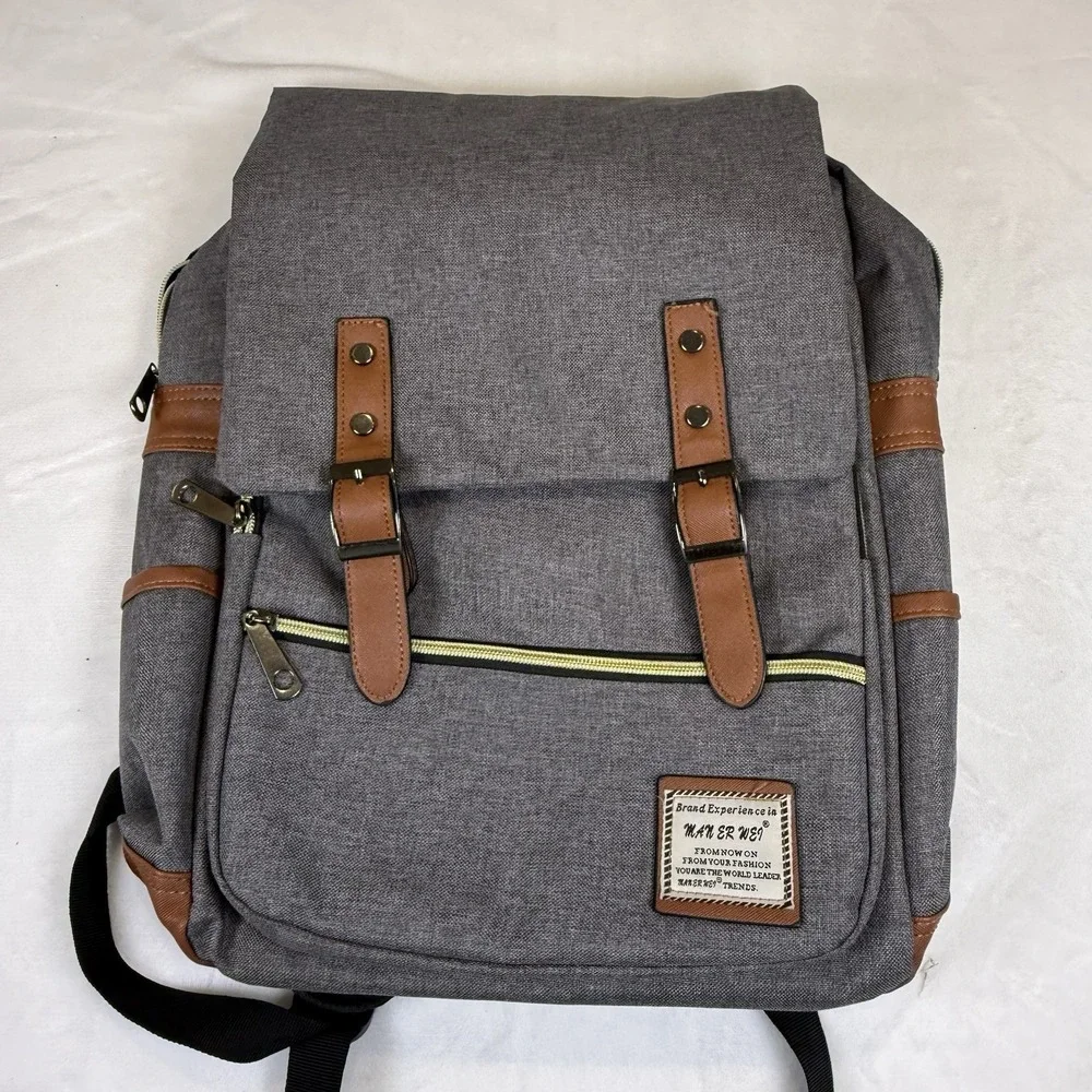 Vintage Gray Canvas Laptop Backpack Travel School Book Bag Faux Leather Trim